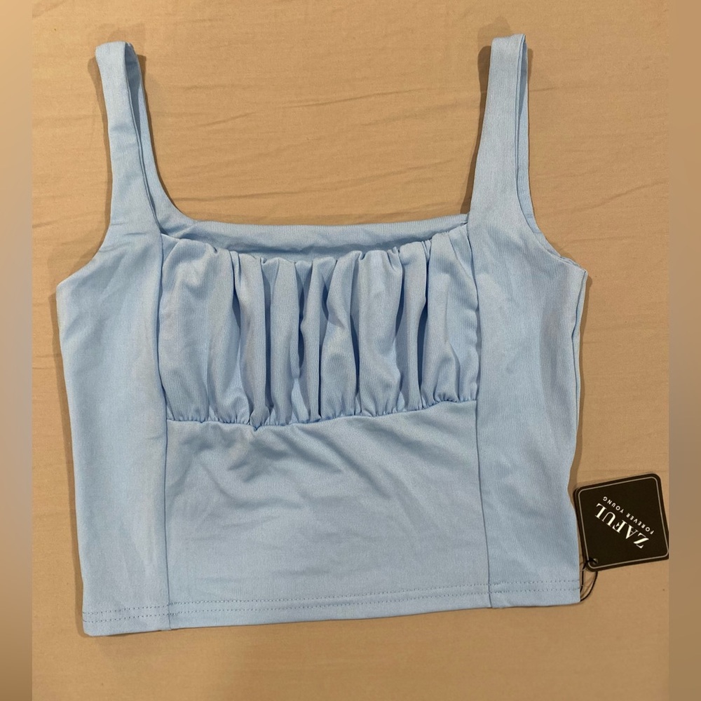Zaful “forever young” cropped tank top - baby blue, Medium